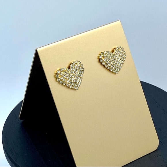 Vintage Pave Heart Button Earrings Gold Tone Post Back Pierced - Picture 4 of 6